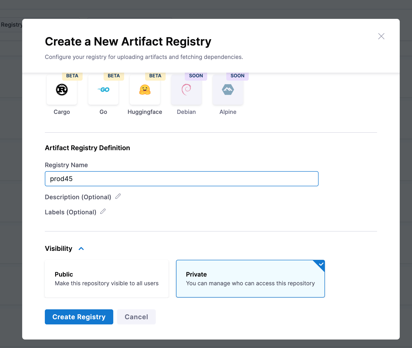 Create Registry form Create Registry form